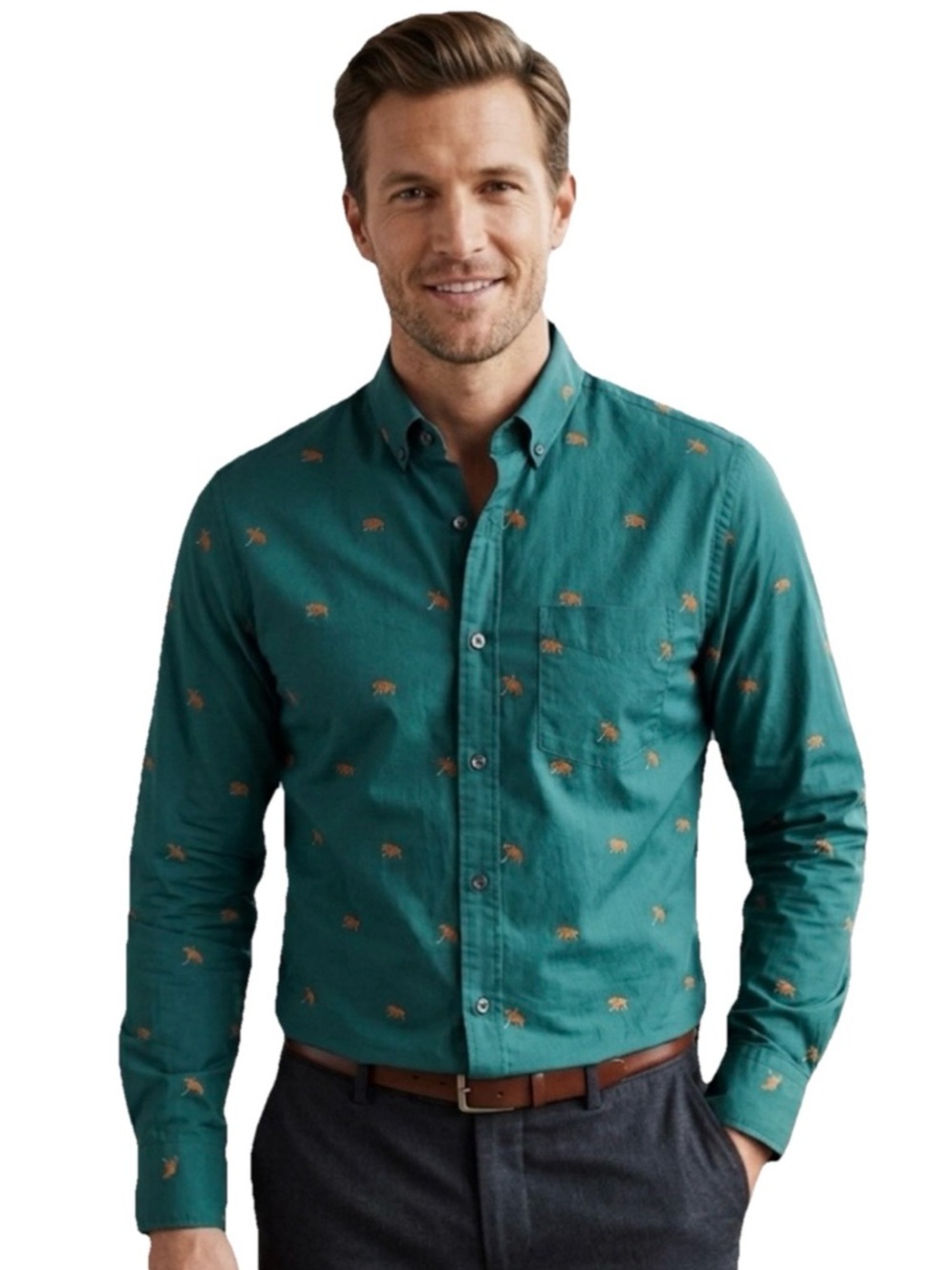 Bonobos Hockey Bears Stretch Slim Fit Men’s Green Cotton Dress Shirt Size XS